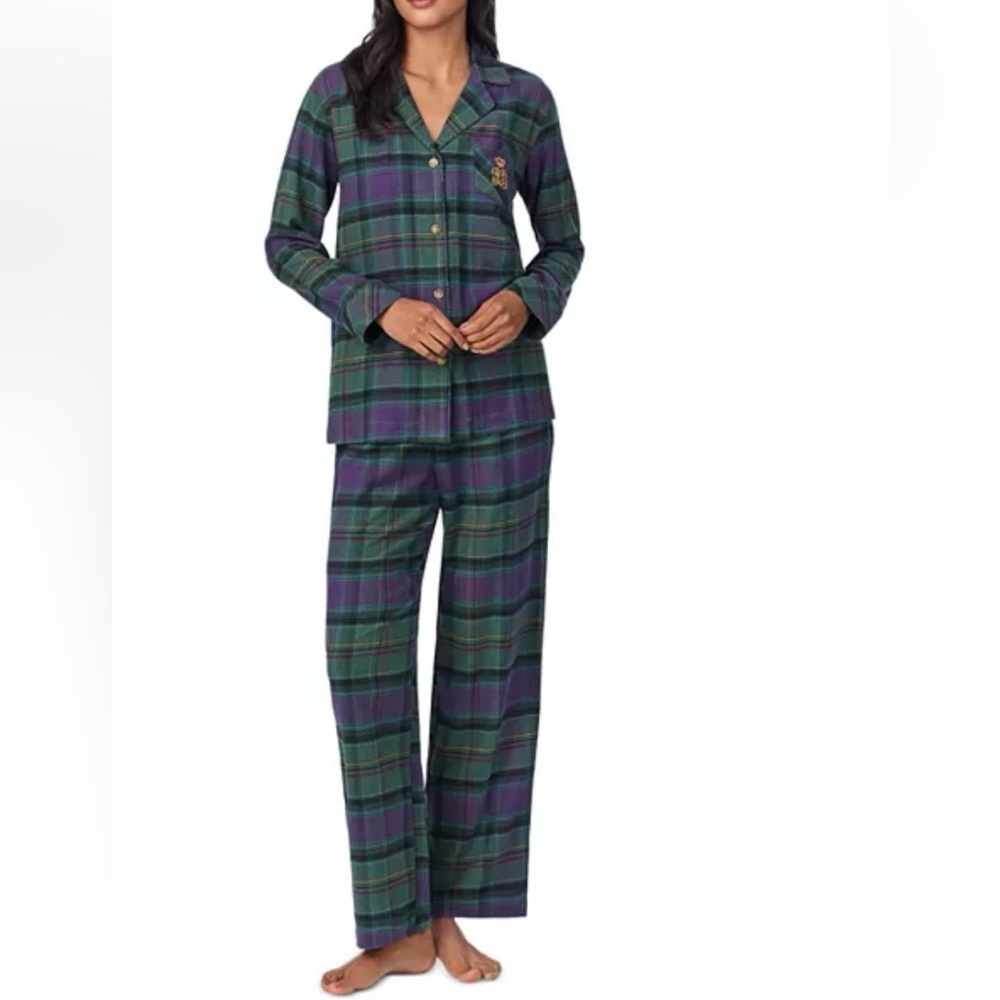 Lauren Ralph Lauren Plaid Green Purple Long Sleeve Button Shirt Pants Pajama Set